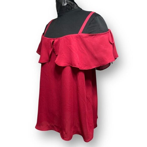 Torrid 2X Red Georgette Cold Shoulder Ruffle Blouse Flowy Romantic Holiday Fairy - Picture 4 of 10